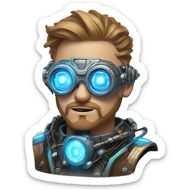 Male cyborg head with light brown hair, light brown beard, blue glowing steampunk goggles, circuits, wires  sticker