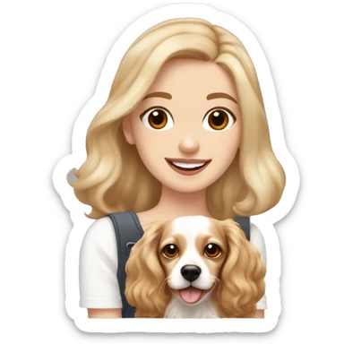 White girl with long wavy blonde hair and brown eyes  holding a white and tan chihuahua dachshund cocker spaniel mix happy with shorter furry ears sticker