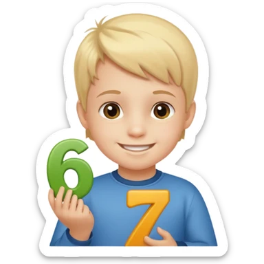 A Lil kid holding 6 7 on sticker