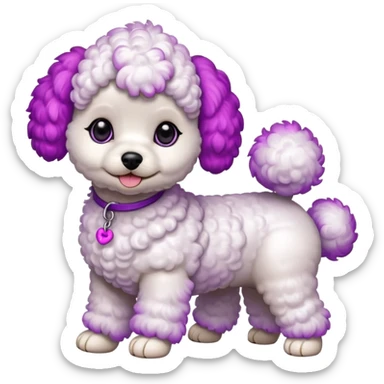 Two white toy poodle–style dogs, fluffy curly fur, round faces, black button eyes, pink and purple dyed ears and paws (magenta/violet tips). One standing upright, one sitting. Cute, plush, emoji style. sticker