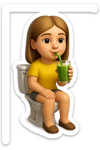 emoji stile iphone di una donna seduta sul wc che beve uno smoothies verde, iperrealistico 4k sticker