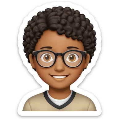 "- Nam
- 10 tuổi
- Da nâu
- Tóc ngắn, xoăn, đen
- Cười tươi
- Đeo kính
" sticker