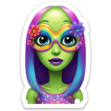 Lisa frank alien with big oval head and big black eyes with flowers sticker