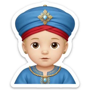  baby boy dressed in a blue ghalibiya with delicate decorations with a red Moracain hat  sticker
