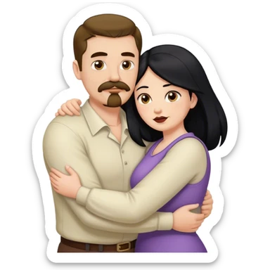 Tall strong white man with brown mustache goatee hugging a chubby short pale woman with long black hair sticker