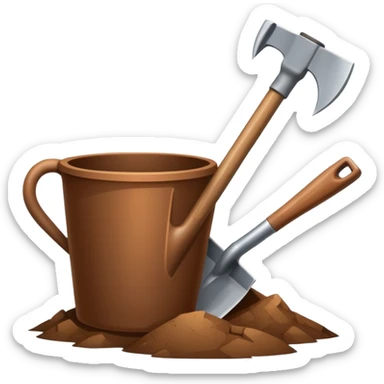 An icon featuring a shovel, pickaxe, and an ancient artifact like a broken pot, symbolizing the essentials of archaeology. The design focuses on the tools of excavation and discovery, with minimal detail for a clean, recognizable look. Transparent background. sticker