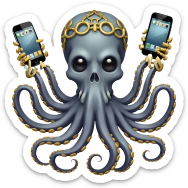 Intimidating octopus skeleton. Evil looking eyes, wearing a gold necklace. 2 tentacles are holding their own cellphones with one held up to its ear, 2 other tentacles are holding stacks of money sticker