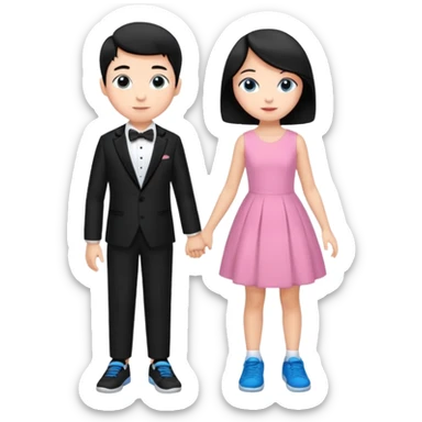 generate a pretty bratz fair skinned boy with short black hair wearing a black tux with blue sneakers with a girl in a pink dress sticker