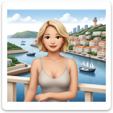 jennifer lawrence, leaning on a balcony with a harbor and cityscape in the background, smiling, closeup portrait  sticker