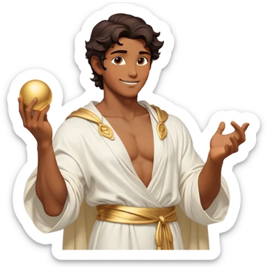 Cinematic Realistic Hercules Portrait, head tilted playfully and inquisitively, showcasing a charming blend of Disney heroic charisma and the refined grace of Michelangelo's David. His sun-kissed bronze skin and thick, wavy dark hair are rendered with classical precision, complementing a warm, inviting smile and sparkling, mischievous eyes. Clad in a softly draped white robe with subtle golden details, he exudes approachable strength under gentle, natural lighting. sticker