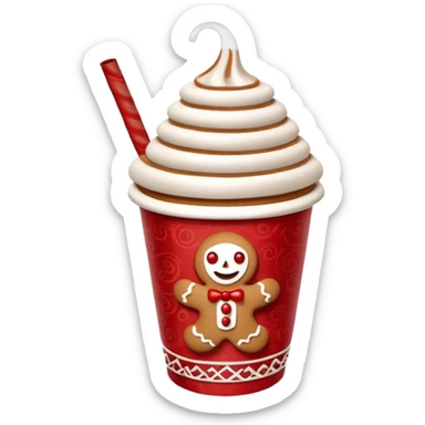 3D emoji of a festive paper cup from the Moscow Red Square Christmas fair. The cup features traditional Russian red and white ornaments. Steam is rising from the top, with a cinnamon stick and a small gingerbread man cookie peeking out. Glossy paper texture, soft 3D render, sticker