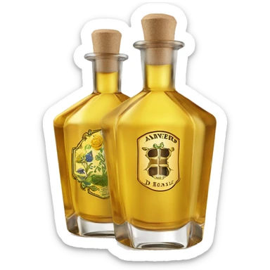 Elixir d'Anvers is a Belgian herbal liqueur known for its unique octagonal bottle and yellow color. The bottle has an octagonal base and body that taper slightly towards the top, with a short cylindrical neck and wide shoulders. sticker