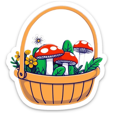 basket full of forest goodies including mushrooms, herbs, flowers in soft pastel colors, cartoonish sticker style sticker