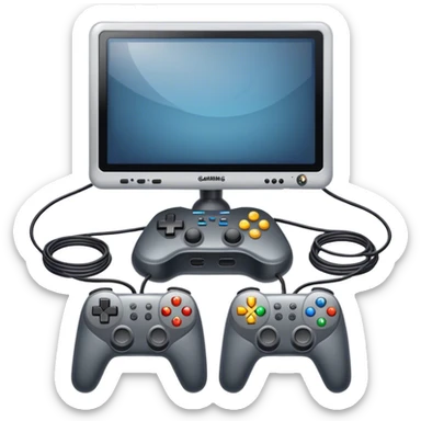 An icon showing two monitors with gaming interfaces, connected by a wire. Each monitor displays a different game screen, with two gamepads placed nearby, symbolizing multiplayer gameplay. transparent background. sticker