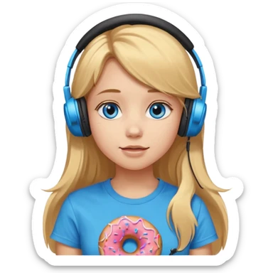 una ragazza dall‘ età di 19 anni con capelli biondi miele lunghi ,  occhi celesti,  con addosso una maglietta con una ciambella e le cuffie ascoltando violetta sticker