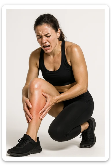 donna fitness che si tocca la gamba dolorante con espressione di dolore in volto, sente le gambe pesanti, iperrealistica 4k, sfondo bianco sticker