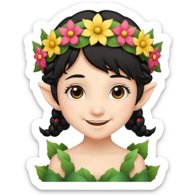 tiny Elf with Flower Crown, curley hair black sticker