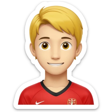 - Nam
- 15 tuổi
- Da vàng
- Tóc nâu ngang vai, vén mang tai
- Mặt bình thường, Cười mỉm, Mắt to, mũi to
- Áo bóng đá màu đỏ
 sticker