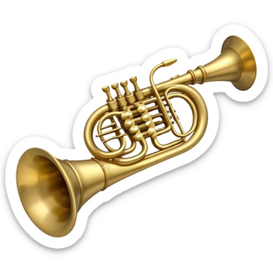 Create a refined and elegant emoji representing the Arnolds & Sons AHR-350 horn. The design should feature the instrument's beautifully coiled brass body with its distinct flared bell, showcasing the high-quality craftsmanship. Include delicate details like the tuning valves, finger buttons, and elegant brass finish. Add subtle musical notes around the horn to symbolize its melodic sound. Use warm golden and brass tones to convey the luxury and professional quality of the instrument. The background should be transparent sticker