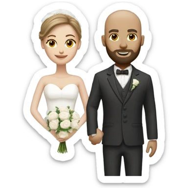 bride with light brown hair and bald dark bearded groom with white suit sticker