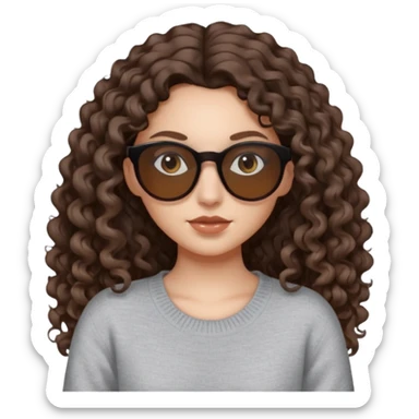 aesthetic white girl with dark brown, long curly hair and black eyes  , light grey sweater top and round brown sun glasses sticker