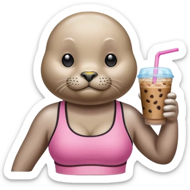 Seal wearing pink sports bra drinking an iced coffee sticker