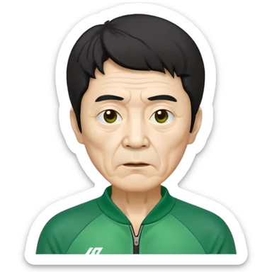 Seong Gi-hun : age 70, skinny and bony face, very small mouth, thick eyebrows deep eyes, unkempt black hair , Green player tracksuit. sticker