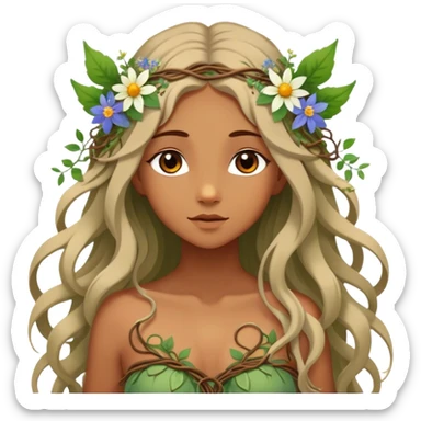Cinematic Realistic Forest Nymph Fairy Portrait, depicted with lifelike, sun-kissed tanned skin that radiates an earthy glow, softly illuminated by natural, dappled light. Her long, flowing hair is intricately detailed and interwoven with delicate vines and wildflowers, while her deep, soulful eyes mirror the wisdom of the forest. Dressed in an attire inspired by nature’s palette—with subtle botanical motifs—the portrait exudes a soft, enchanted glow that melds realism with woodland magic. sticker