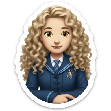 Hyper realistic White girl with long curly hair wearing a ravenclaw school inform sticker