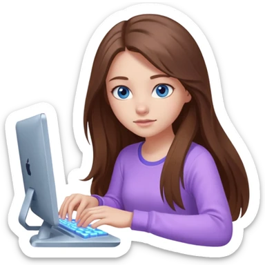 beautiful girl with long brown hair, blue eyes and wearing light purple clothes playing computer games sticker