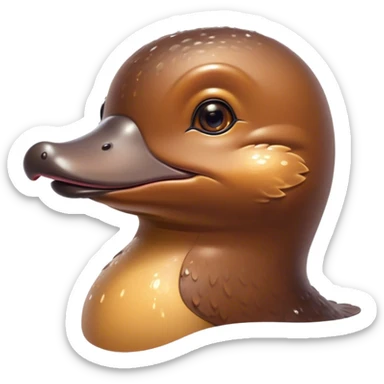 Cinematic Cute Platypus Portrait Emoji, Head tilted playfully and inquisitively, featuring a glossy brown fur with a charming, flat duckbill and round, sparkling eyes brimming with quirky wonder, Simplified yet irresistibly adorable features, highly detailed, glowing with a warm, friendly glow, high shine, affectionate and whimsical, stylized with a touch of aquatic playfulness, bright and endearing, soft glowing outline, capturing the essence of a mischievous yet lovable platypus, so playful it feels like it could waddle out of the screen into your arms! sticker