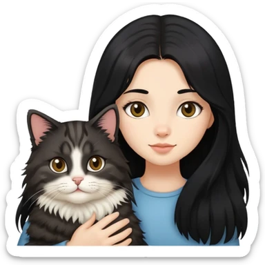 Long black hair girl holding a haired tabby cat sticker