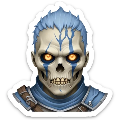 Cinematic Realistic WoW Undead Warrior Portrait, depicted with decayed yet noble features, his weathered, pallid skin etched with ghostly blue veins and ancient scars. Clad in modest, tattered attire in muted browns and greys that remain consistently rugged, his hollow eyes burn with determined defiance. Rendered with lifelike texture and dramatic natural lighting, high shine, noble and resilient, capturing the stoic spirit of an undead veteran of Azeroth. sticker