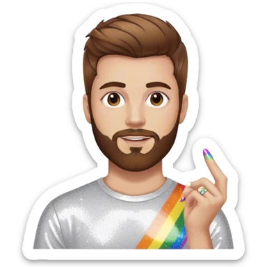 white man with medium length brown hair and short brown beard, very gay pride, add glitter and nail polish sticker