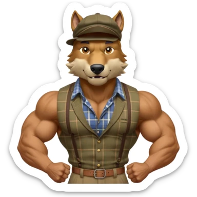 extremely super-duper hyper muscular wolf furry extremely exaggerated muscles with chiseled face, horse-length bullneck and an elongated snout, wearing a plaid dress shirt halfway buttoned, khaki dress slacks and very large newsboy cap on his head while flexing his bicep muscles sticker
