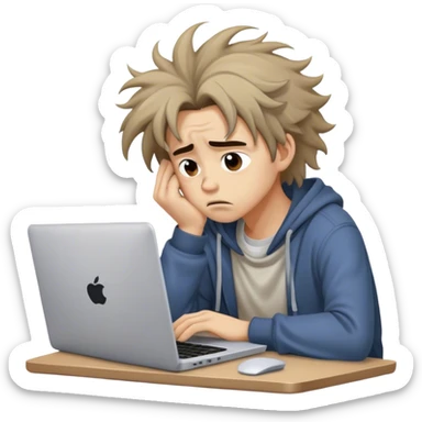 Create an emoji of a tired person sitting at a laptop, looking exhausted and frustrated. They have slouched posture and messy hair, representing overwork and burnout. sticker