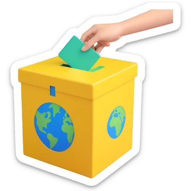 3D illustration of a simplified Earth with green and blue colors halfway inside a warm yellow ballot box, with two hands guiding it, playful style, bold lines, soft textures sticker