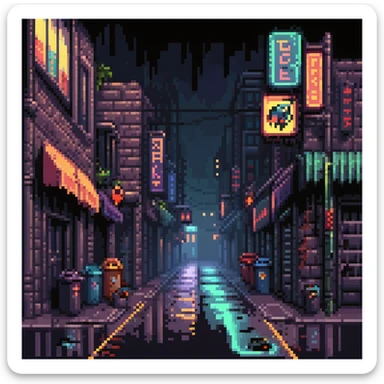 Pixel art background, side view of a dark Gotham-style street at night, moody lighting, flickering neon signs, trash bins, wet pavement, shadows in windows, 2D fighting game stage style, straight camera angle, vertical layout, 9:16 aspect ratio, suitable for mobile game
 sticker