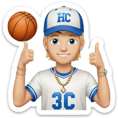 White teenage boy with blonde hair blue eyes has diamond earrings wearing baseball cap that has the letters HC on the front of them, has a basketball chain on, is holding up two thumbs up while smiling sticker
