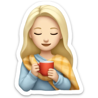 White Girl with blonde hair sipping tea with eyes closed and blanket around head sticker