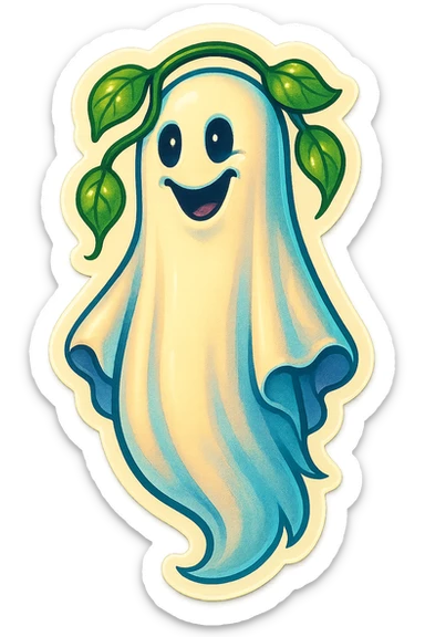 tall slim ghost with a vine and a few leaves draped over its head and shoulders, friendly and whimsical, expressive shadows and highlights, retro sticker style sticker