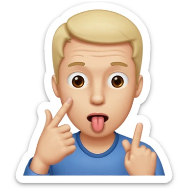 a man posing with his tongue out and index finger on his forehead and thumb beside his mouth sticker