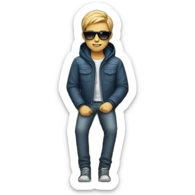 A boy sitting on table with laptop,wear a jacket and have sunglasses sticker