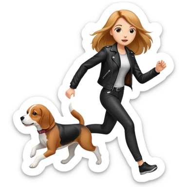 A beautiful tall girl with fair skin and long hair wearing a black leather jacket and black pants running with Beagle sticker