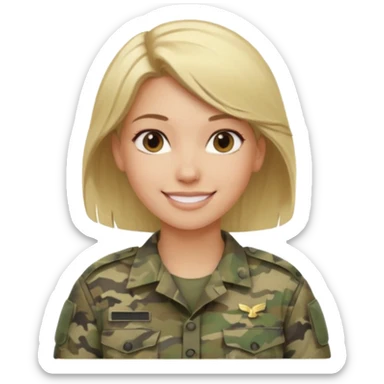 Apple-style emoji: female soldier, bust, no cap/helmet, friendly smile, generic camo top, blonde hair black color sticker