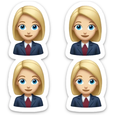 An adult girl, blue eyes, straight long bob blond hair, dark blue jacket suit, burgundy red office shirt. sticker
