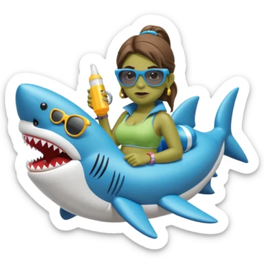 orc female sitting in an inflatable floatie shaped like a shark, wearing oversized sunglasses and a whistle on a neck cord, 2d sticker