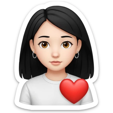 create an i phone emoji of a young 8th grade school girl, with fair skin, heart shape face, has medium length straight black hair and with hoops earrings. sticker