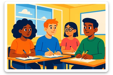 four diverse students sitting attentively following a course, studious atmosphere, modern illustration style, bright classroom background with windows sticker