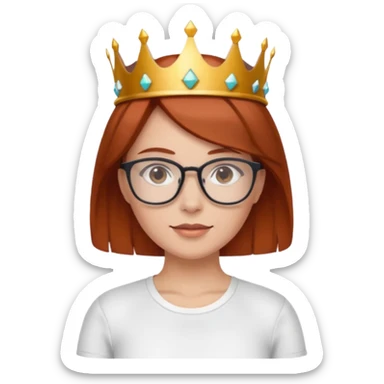 sporty woman with glasses and reddish-brown bobbed and fair skin hair with a crown sticker